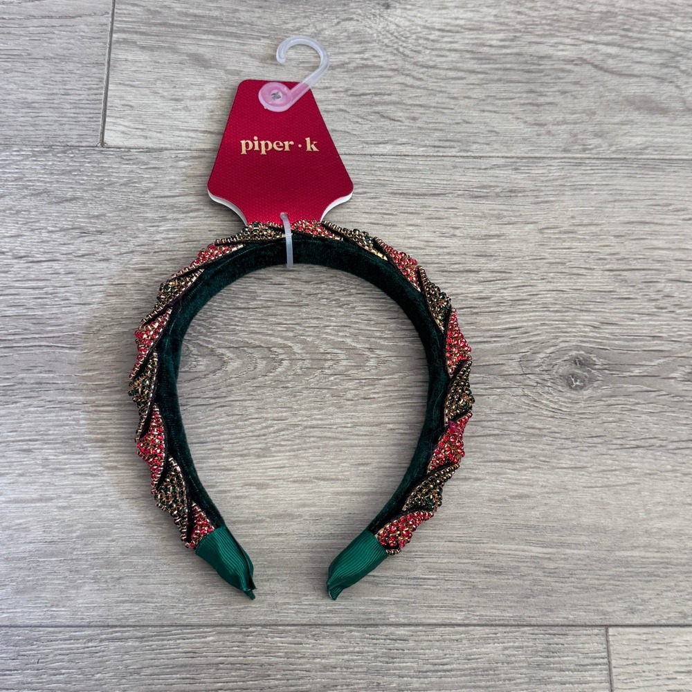 Piper K Green Velvet Rhinestone Twisted Padded Headband Red Gold Holiday Glam‎